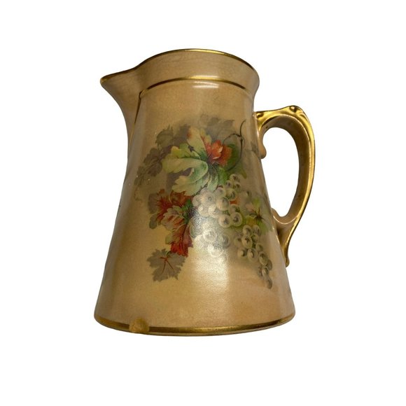 AS IS Stubenville stoneware pitcher fruit motif tan brown gold tableware serving - Picture 1 of 7